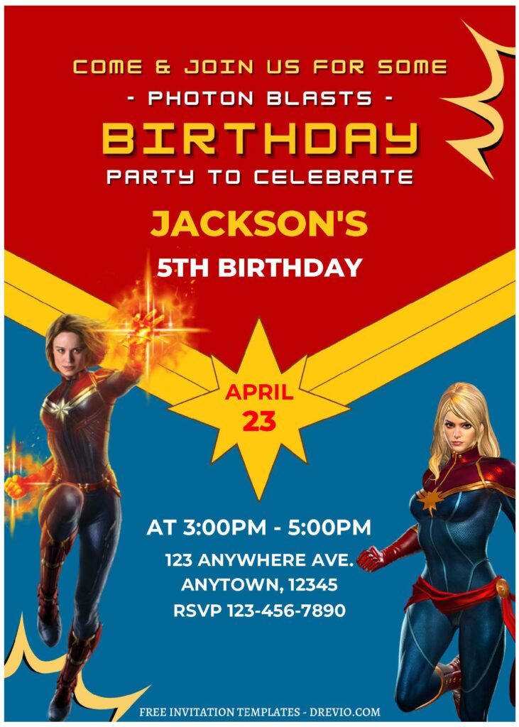 (Free Editable PDF) Captain Marvel Birthday Invitation Templates B