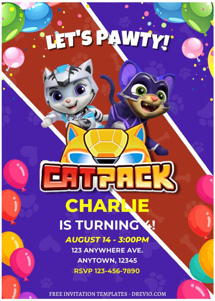 (Free Editable PDF) Cheerful Cat Pack PAW Patrol Birthday Invitation Templates  C