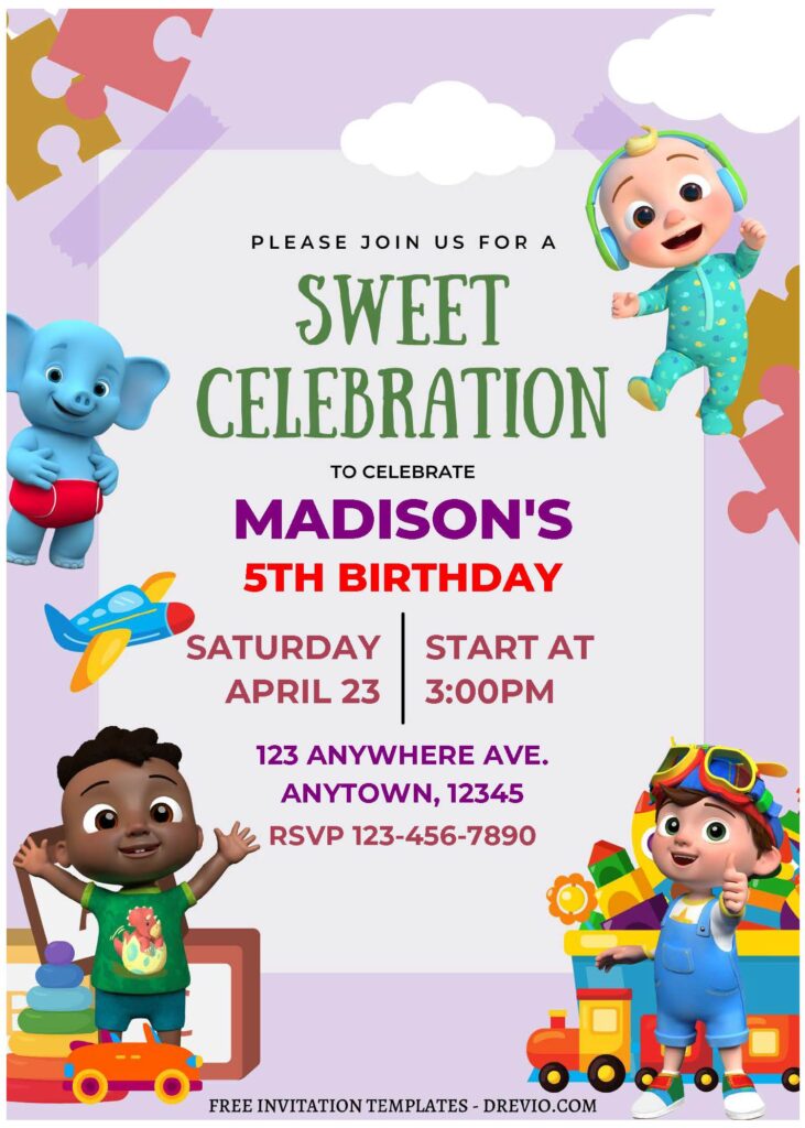 (Free Editable PDF) Nursery Cocomelon Birthday Invitation Templates B