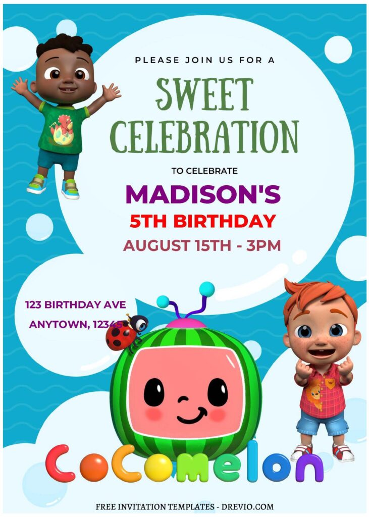 (Free Editable PDF) Cheerful Cocomelon Birthday Invitation Templates A