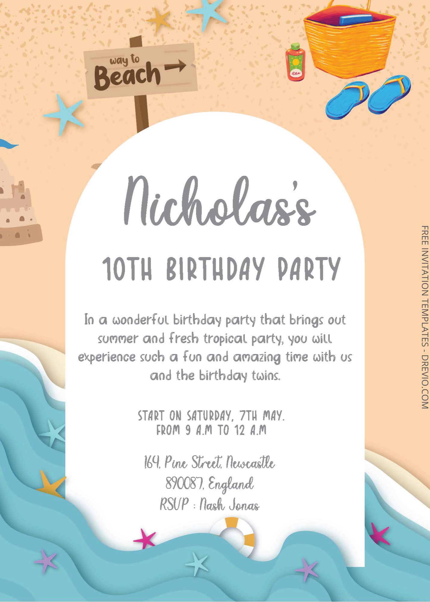 ( Free Editable PDF ) Sandy Beach Birthday Invitation Templates One