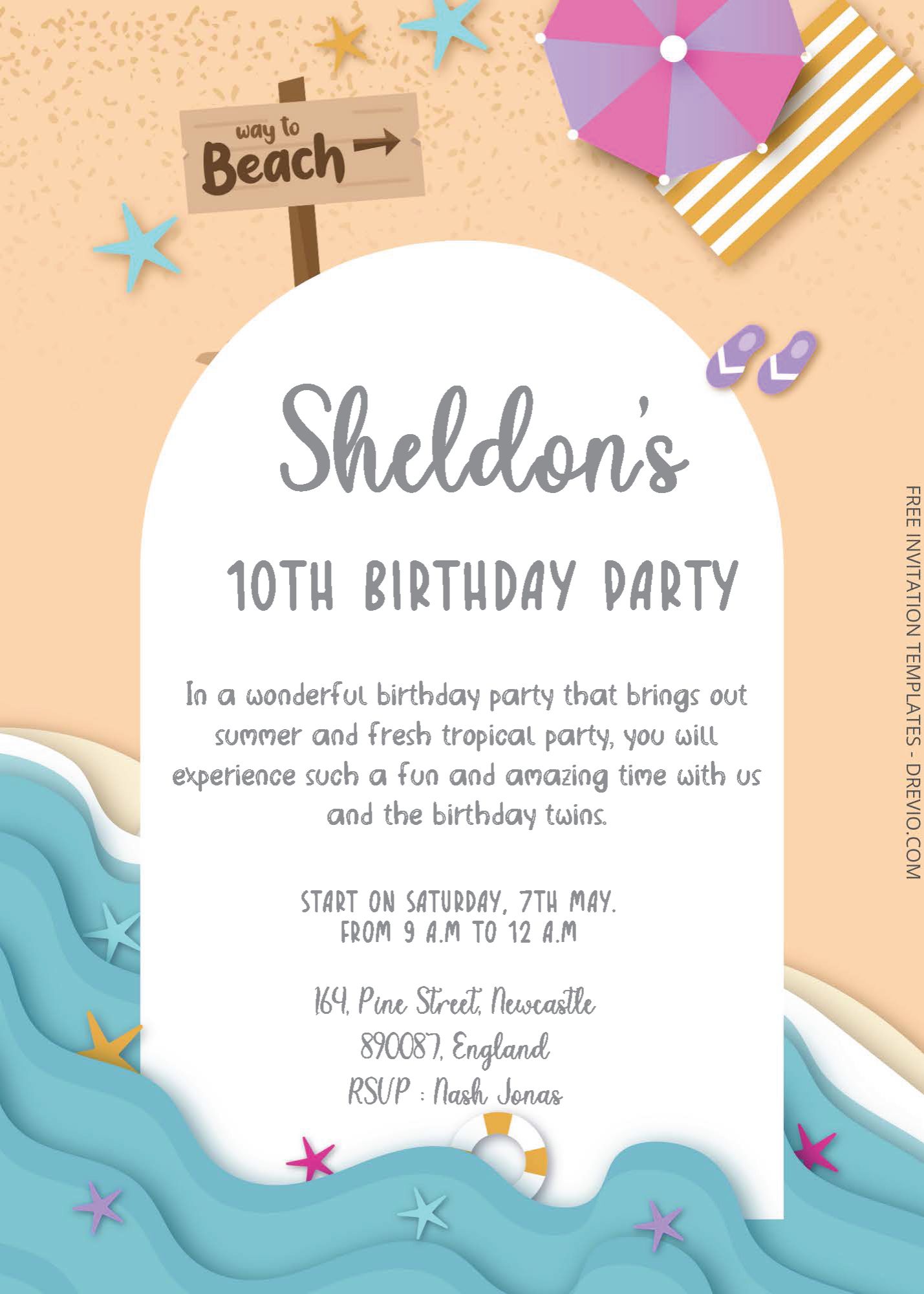 ( Free Editable PDF ) Sandy Beach Birthday Invitation Templates Three