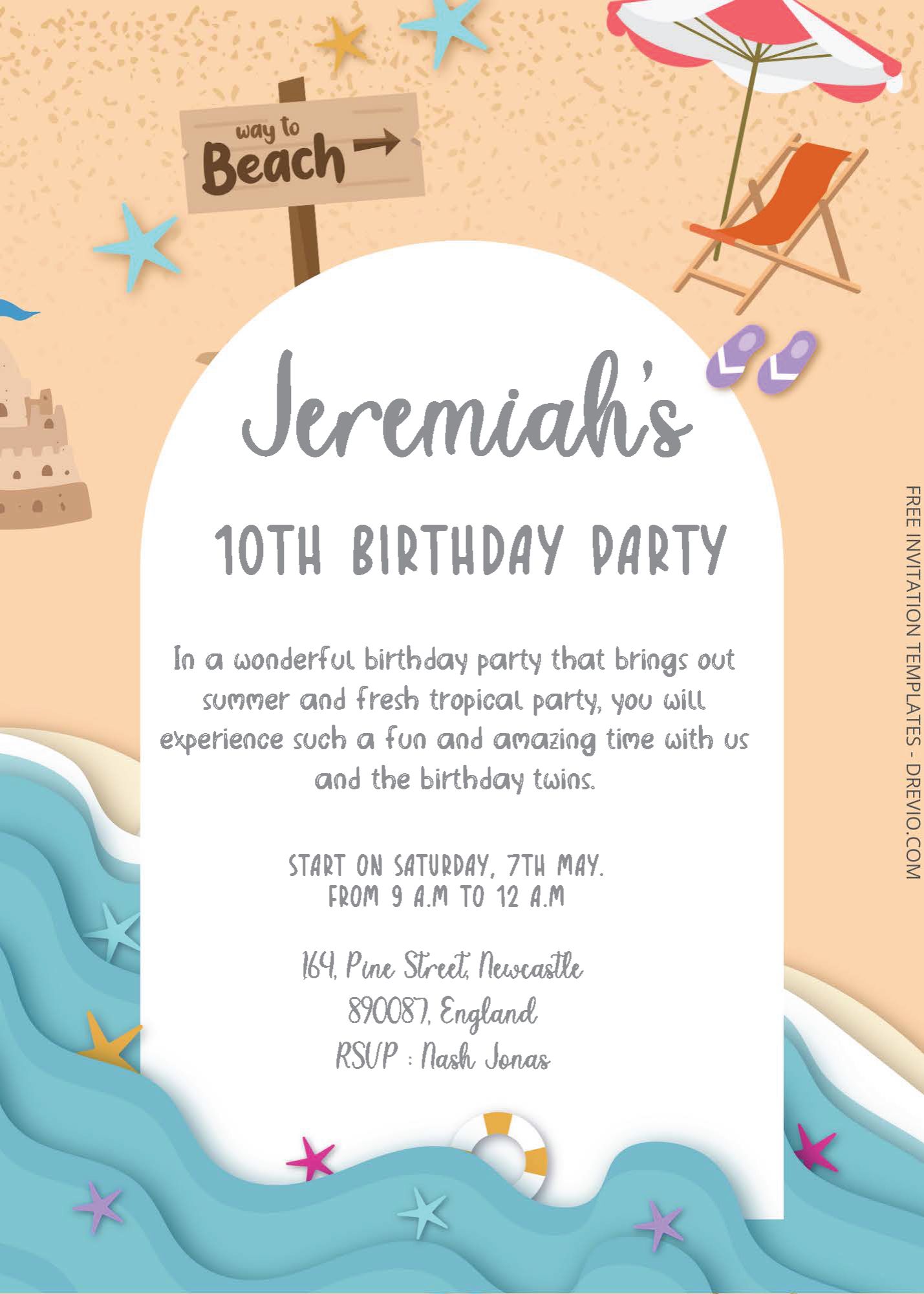 ( Free Editable PDF ) Sandy Beach Birthday Invitation Templates Two