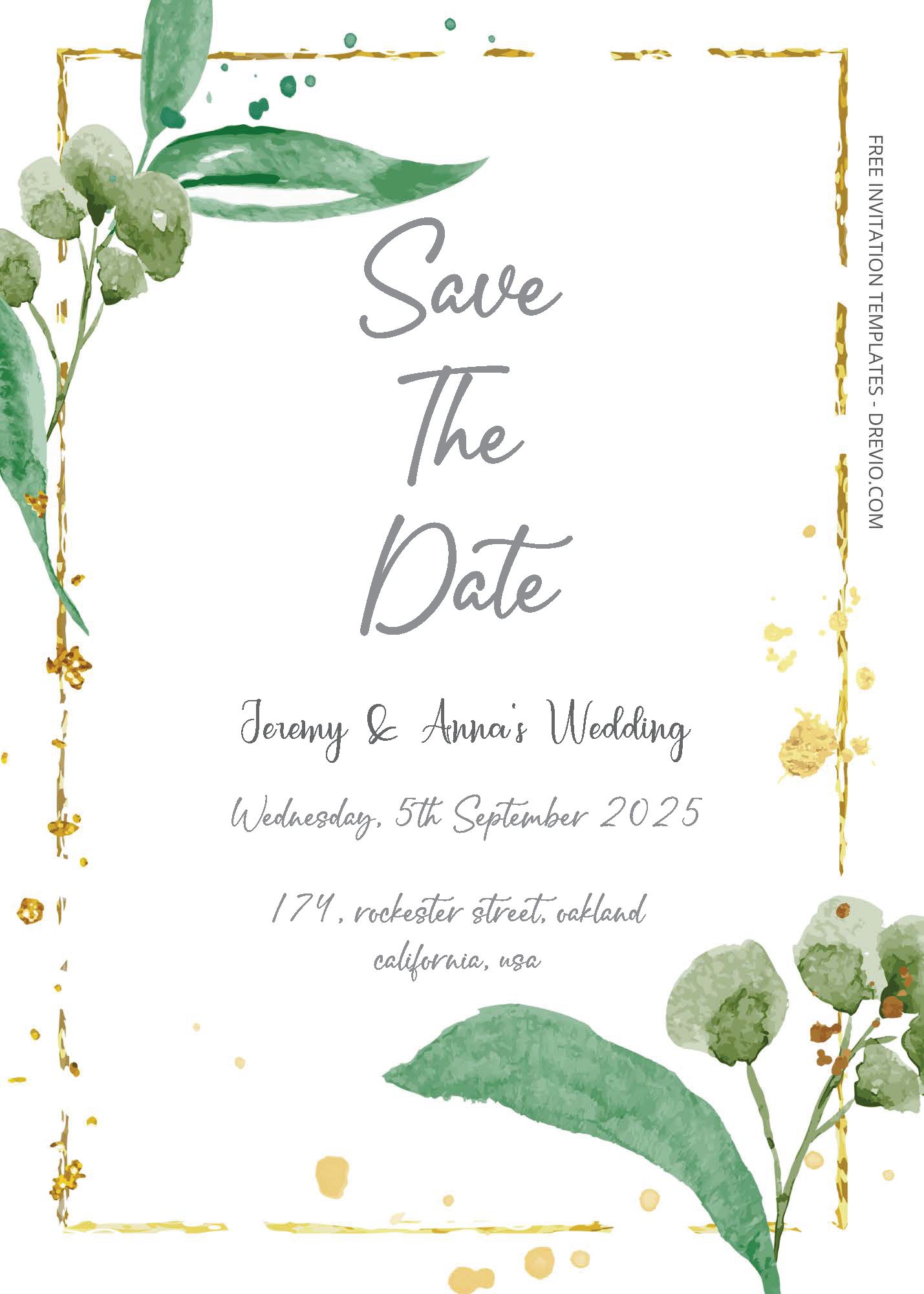 ( Free Editable PDF ) Simple Eucalyptus Wedding Invitation Templates Three