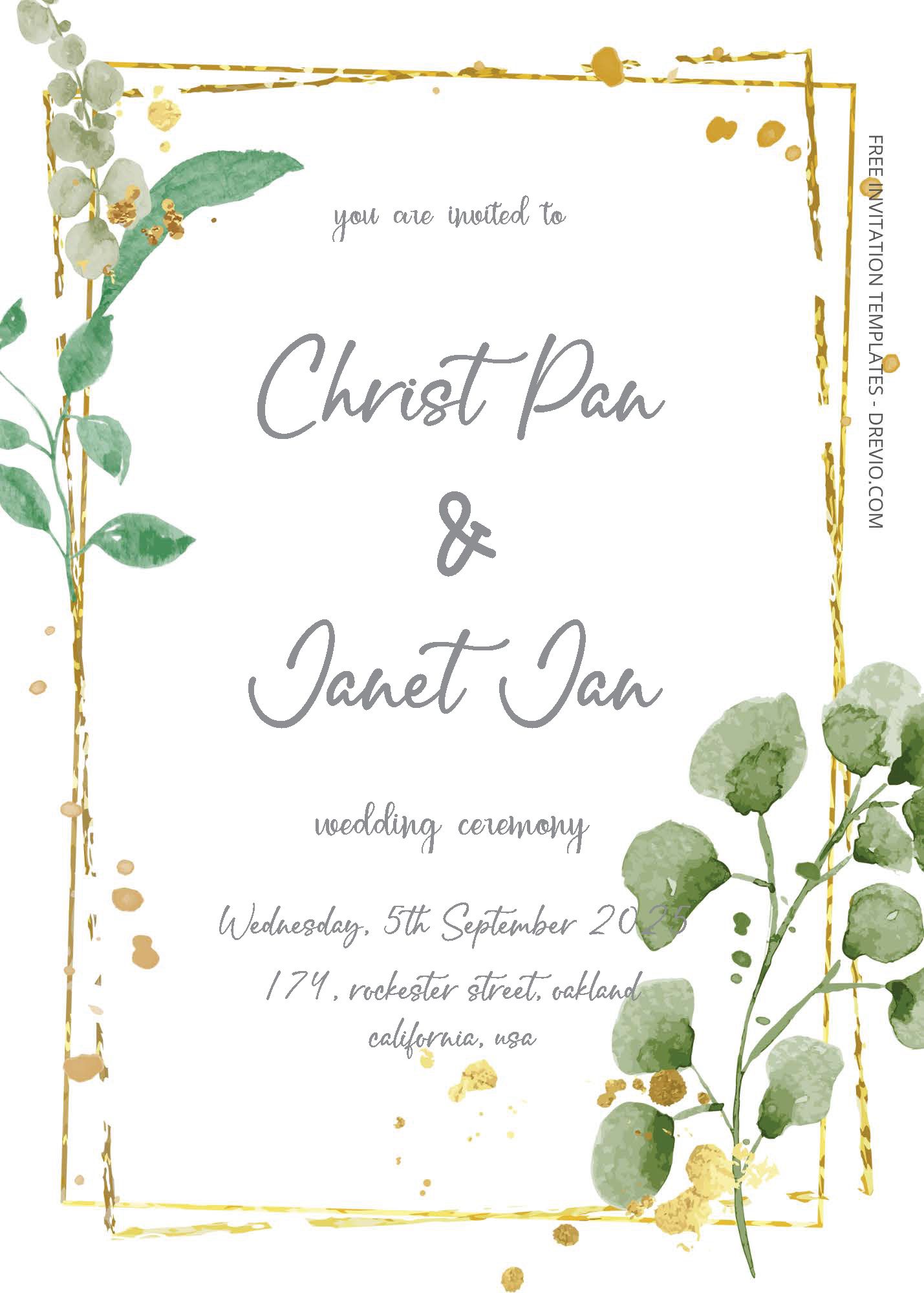 ( Free Editable PDF ) Simple Eucalyptus Wedding Invitation Templates Two