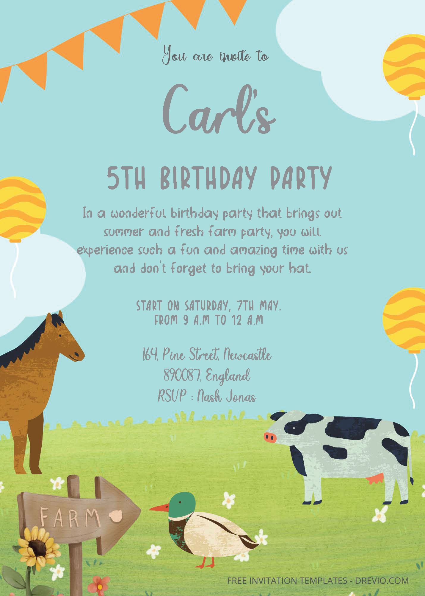 ( Free Editable PDF ) Sweet Farm Birthday Invitation Templates Three