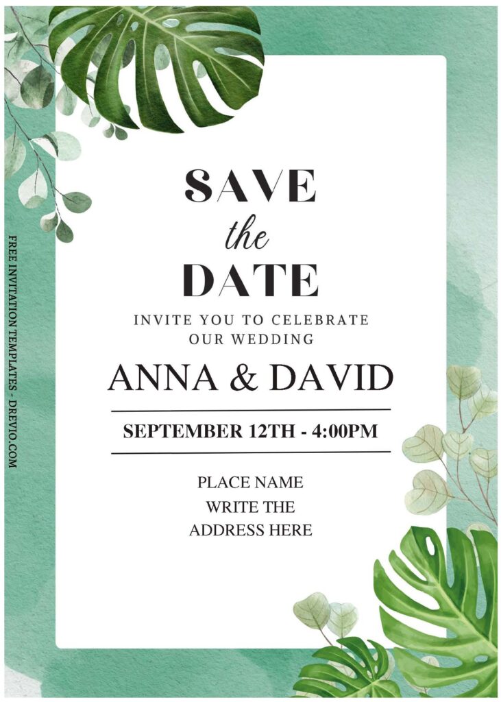 (Free Editable PDF) Exotic Greenery Monstera Wedding Invitation Templates C