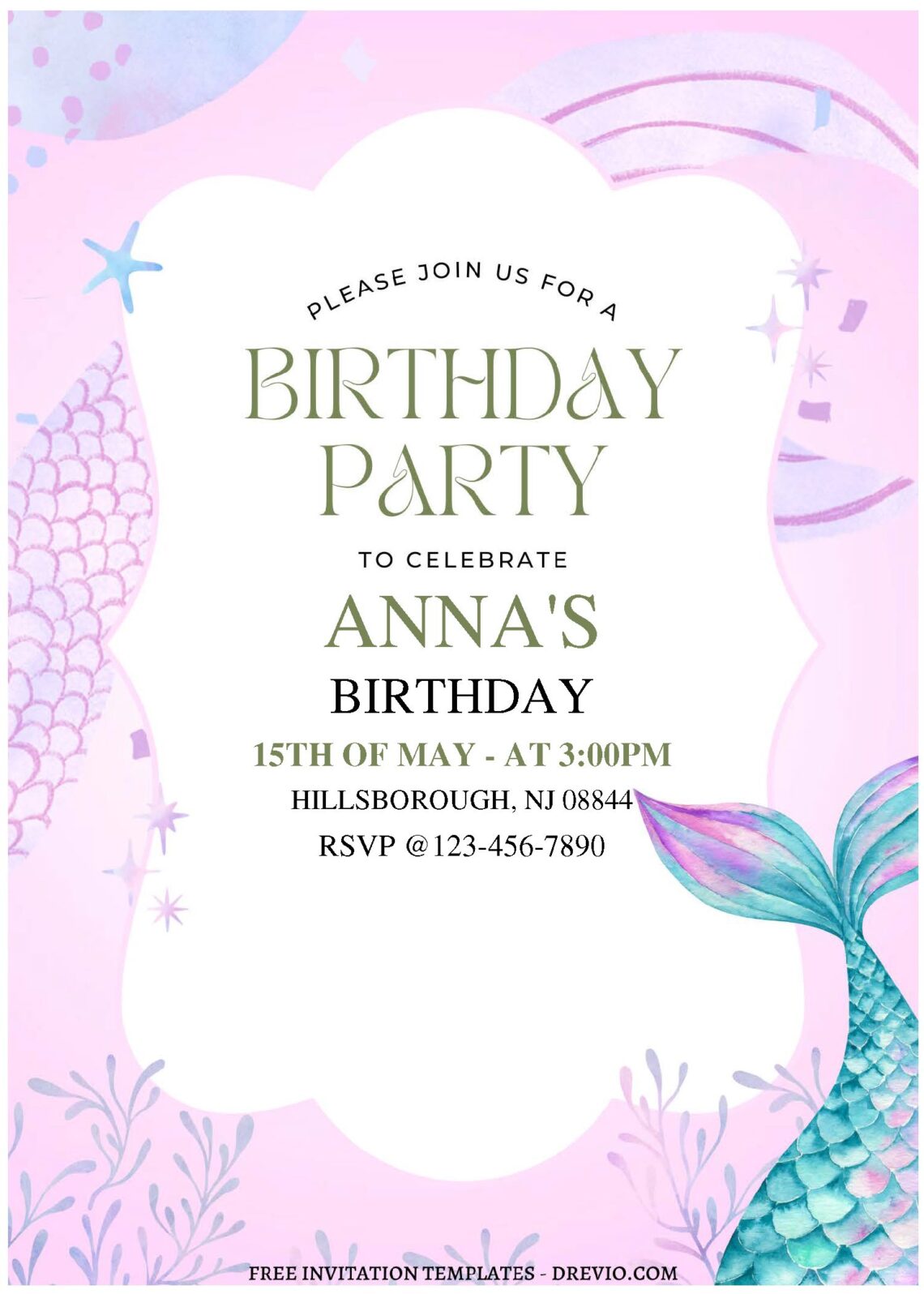 (Free Editable PDF) Beautiful Watercolor Mermaid Birthday Invitation ...