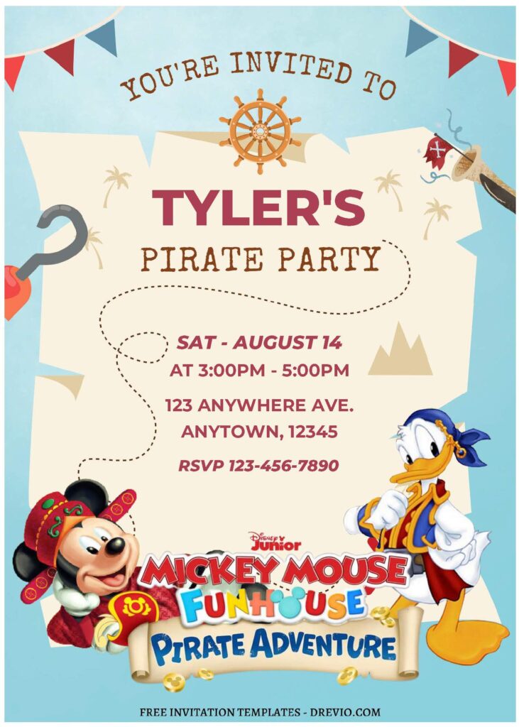 (Free Editable PDF) Fun Mickey Mouse Pirate Adventure Birthday Invitation Templates C