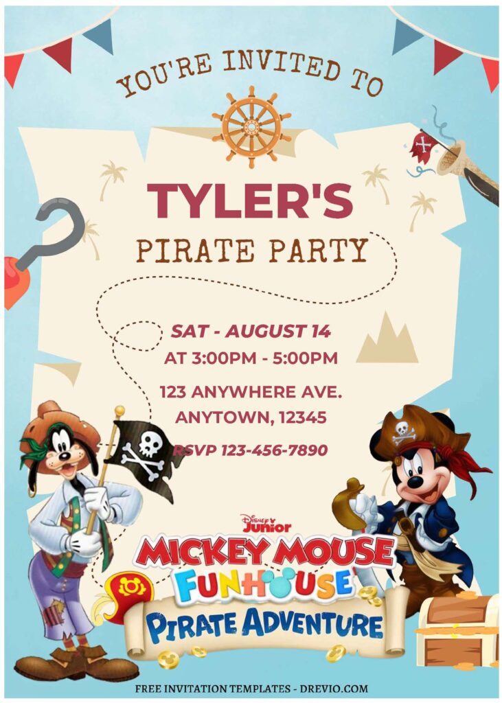 (Free Editable PDF) Fun Mickey Mouse Pirate Adventure Birthday Invitation Templates A