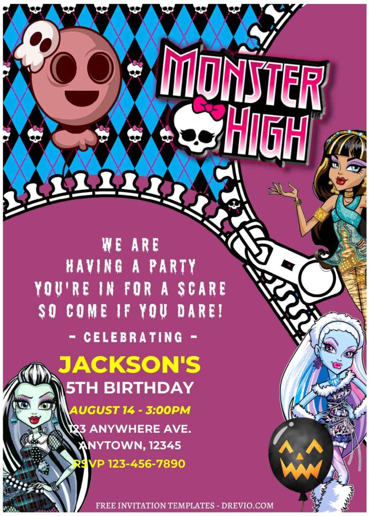 (Free Editable PDF) Cute & Chic Monster High Birthday Invitation Templates B