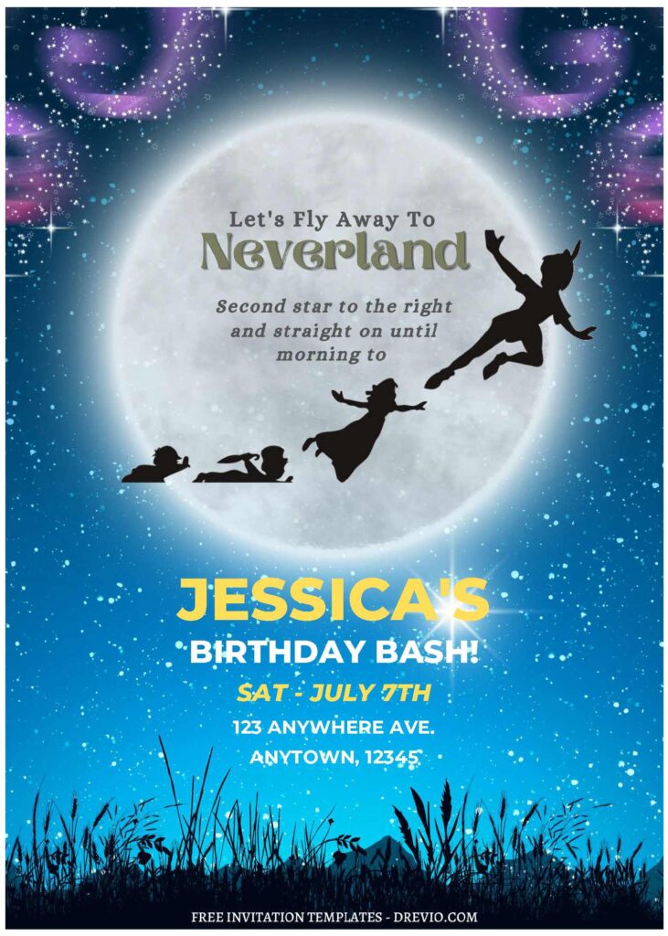 (Free Editable PDF) Adorable Peter Pan & Wendy Birthday Invitation Templates C