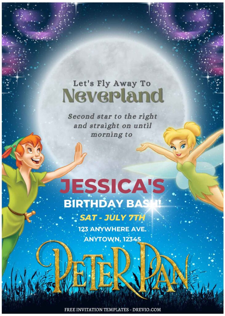 (Free Editable PDF) Adorable Peter Pan & Wendy Birthday Invitation Templates A