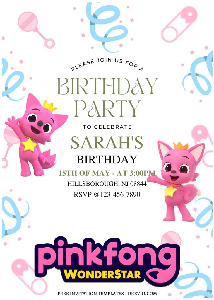 (Free Editable PDF) Lovely Pinkfong Wonderstar Birthday Invitation Templates with editable text