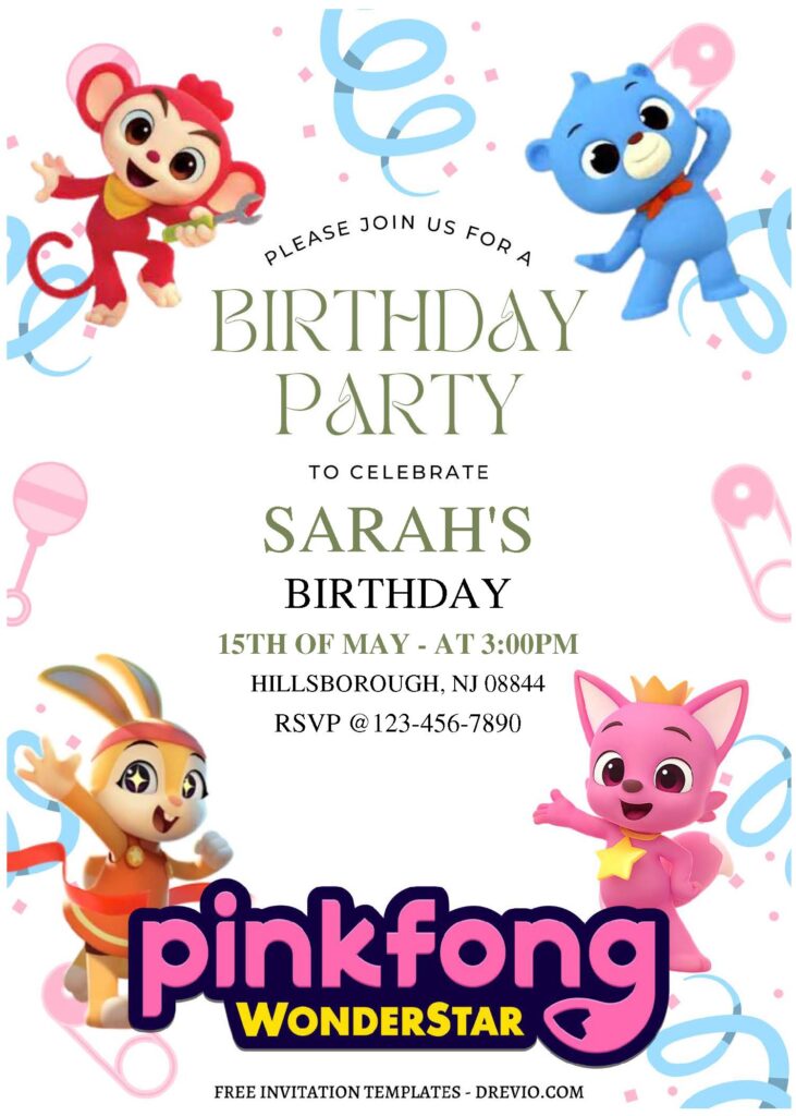 (Free Editable PDF) Lovely Pinkfong Wonderstar Birthday Invitation Templates A