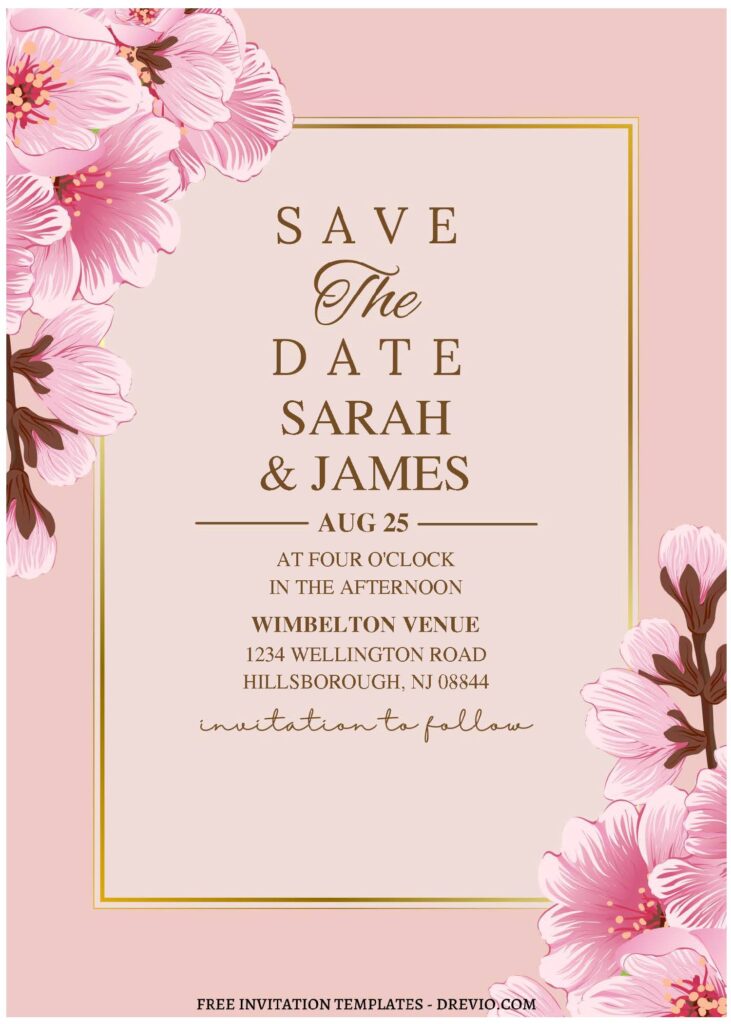 (Free Editable PDF) Charming Pastel Sakura Wedding Invitation Templates with watercolor flowers
