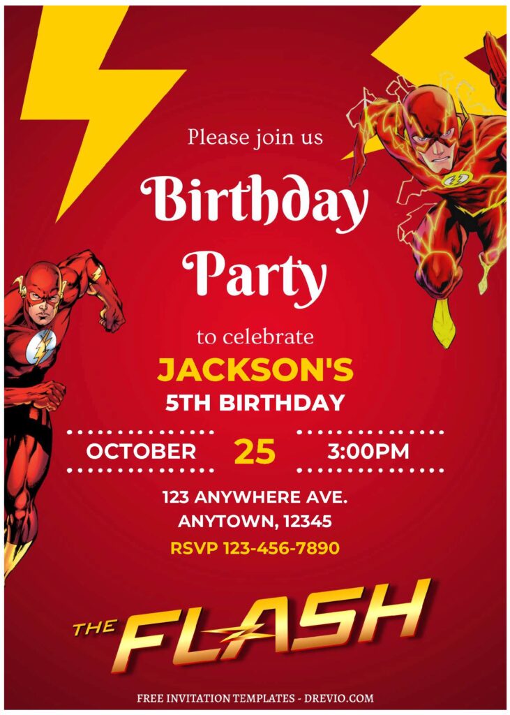 (Free Editable PDF) Scarlet Speedster The Flash Birthday Invitation Templates C