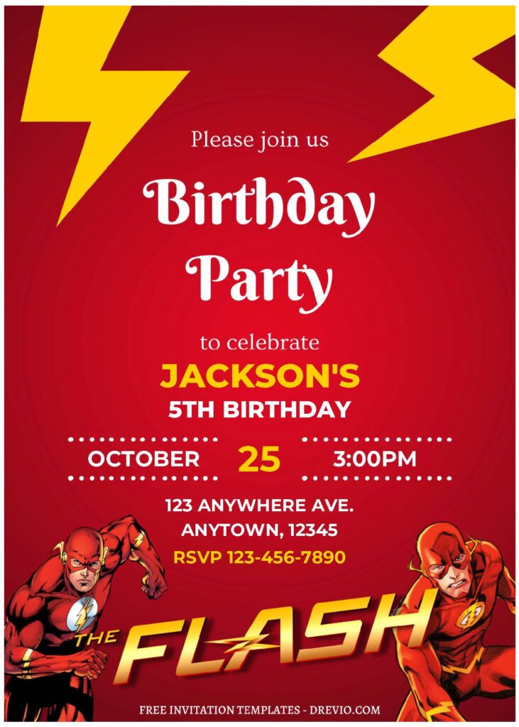 (Free Editable PDF) Scarlet Speedster The Flash Birthday Invitation Templates with Yellow Flash logo