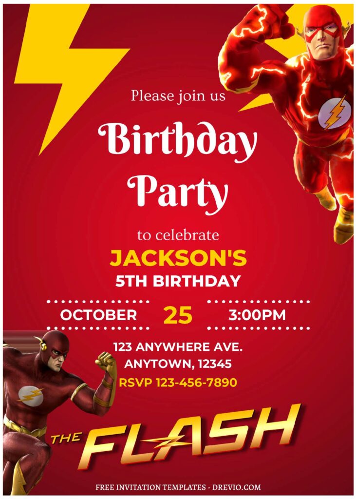 (Free Editable PDF) Scarlet Speedster The Flash Birthday Invitation Templates with Red and Yellow background