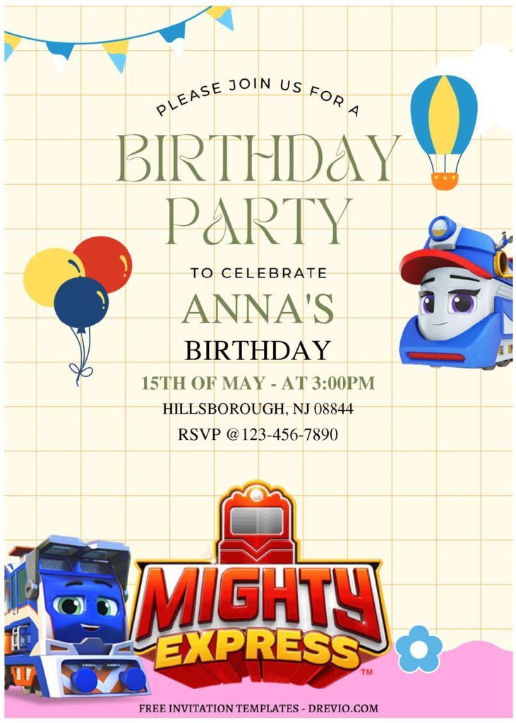 (Free Editable PDF) Mighty Express Train Kids Birthday Invitation Templates C