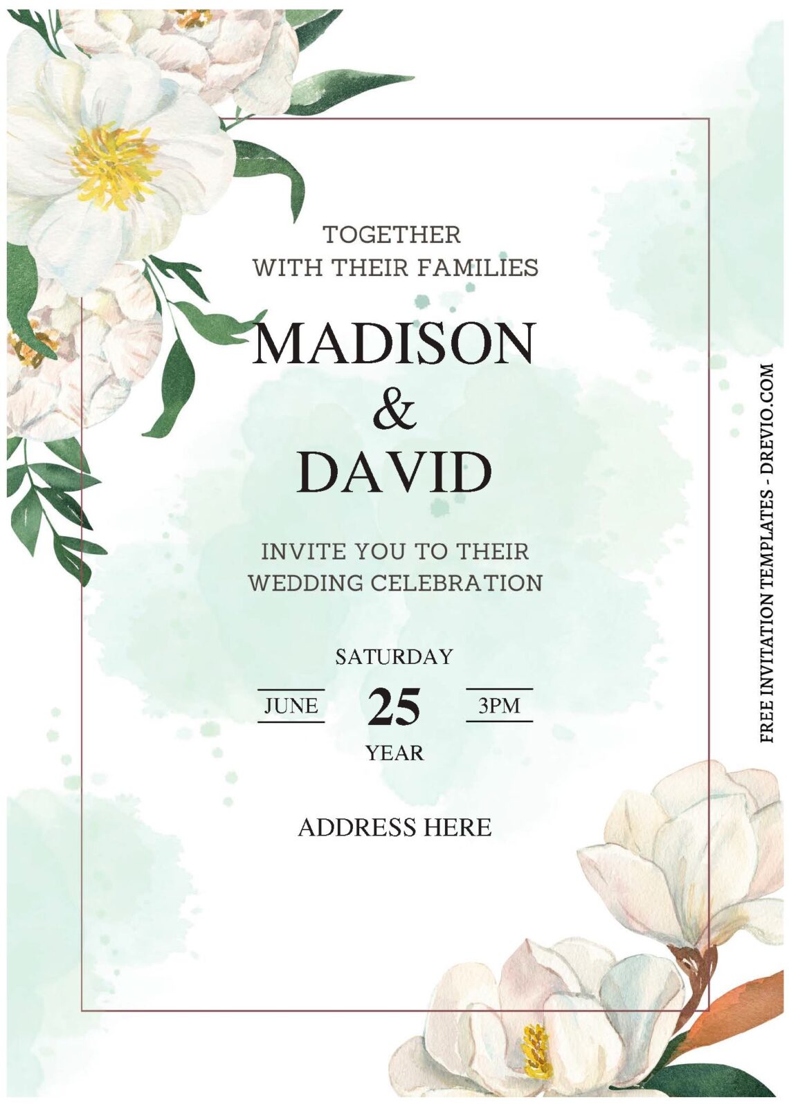 (Free Editable PDF) Dreamy White Floral Wedding Invitation Templates with watercolor background