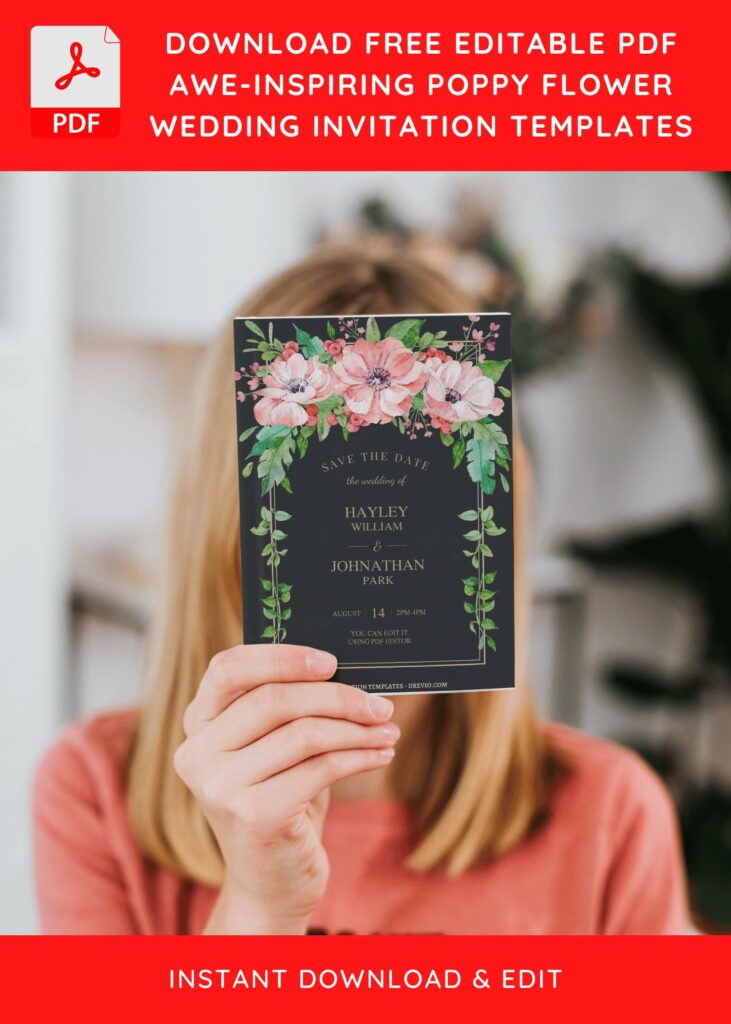(Free Editable PDF) Stunning Poppy Floral Arch Wedding Invitation Templates G