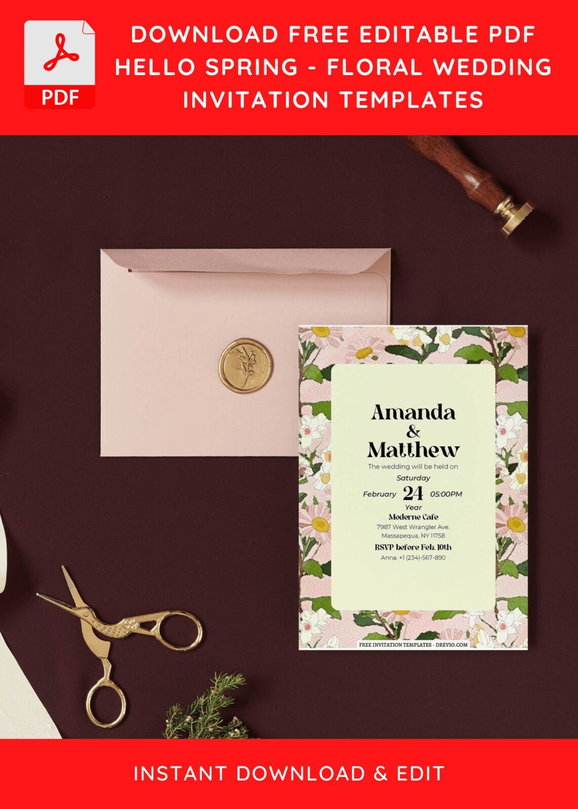 (Free Editable PDF) Hello Spring Floral Wedding Invitation Templates with beautiful lily