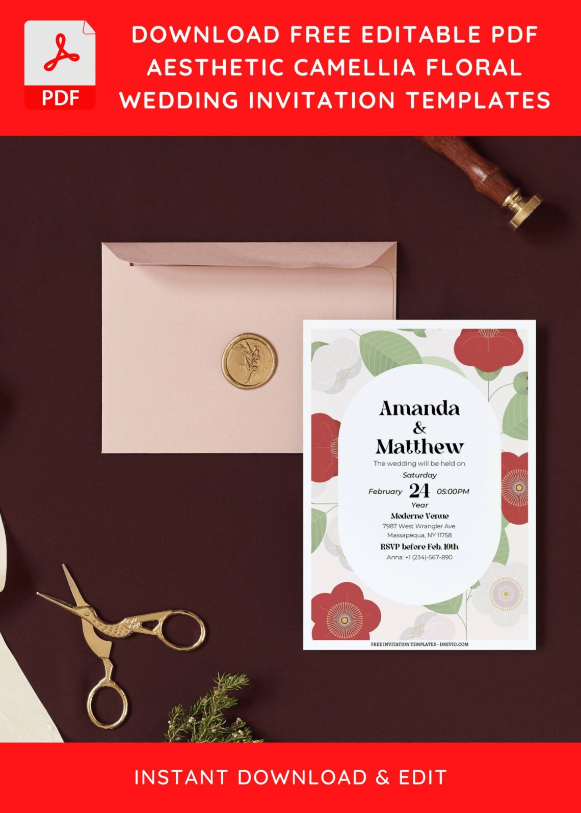 (Free Editable PDF) Aesthetic Camellia Floral Wedding Invitation Templates I