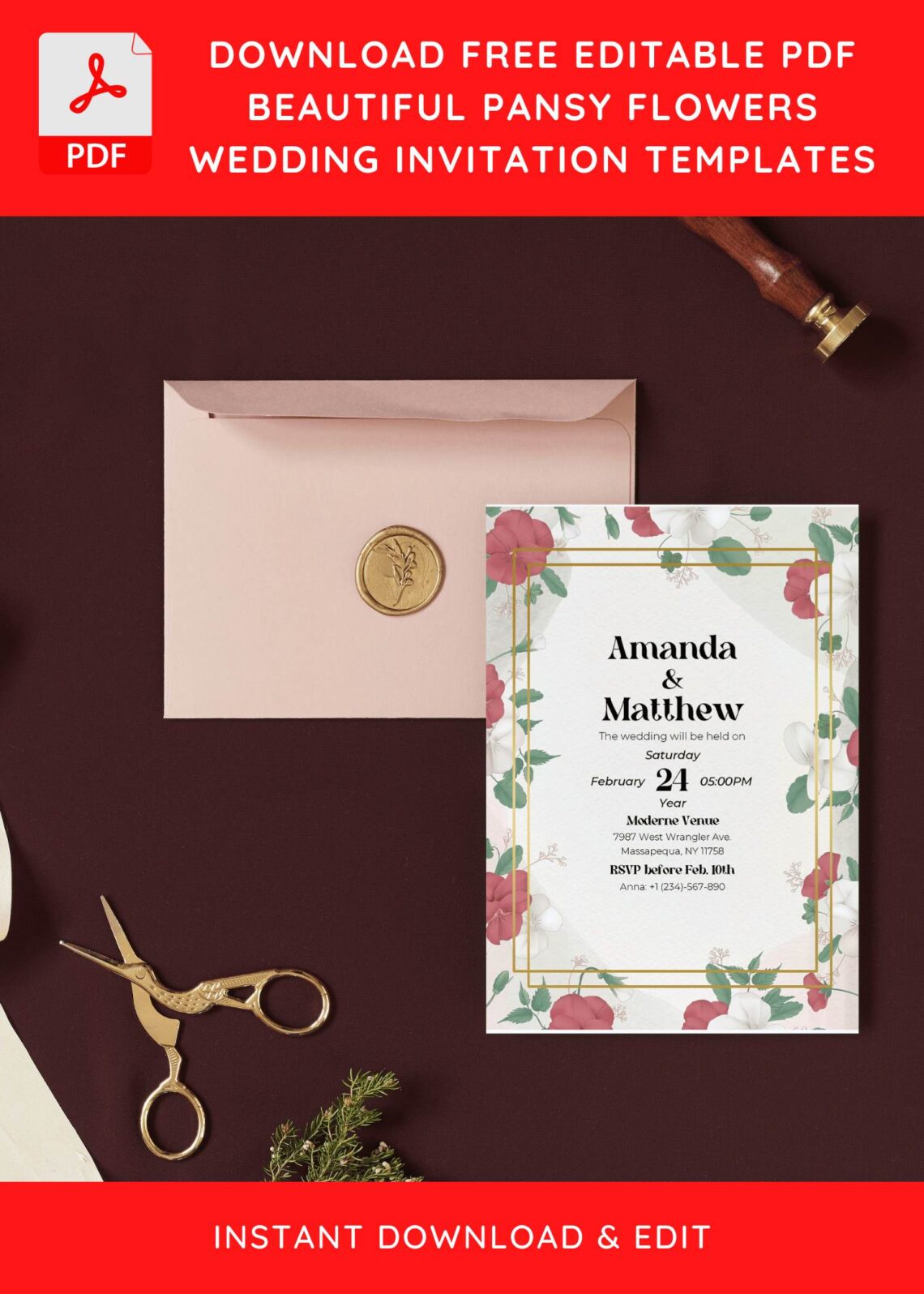 (Free Editable PDF) Enchanting Pansy Floral Wedding Invitation Templates I