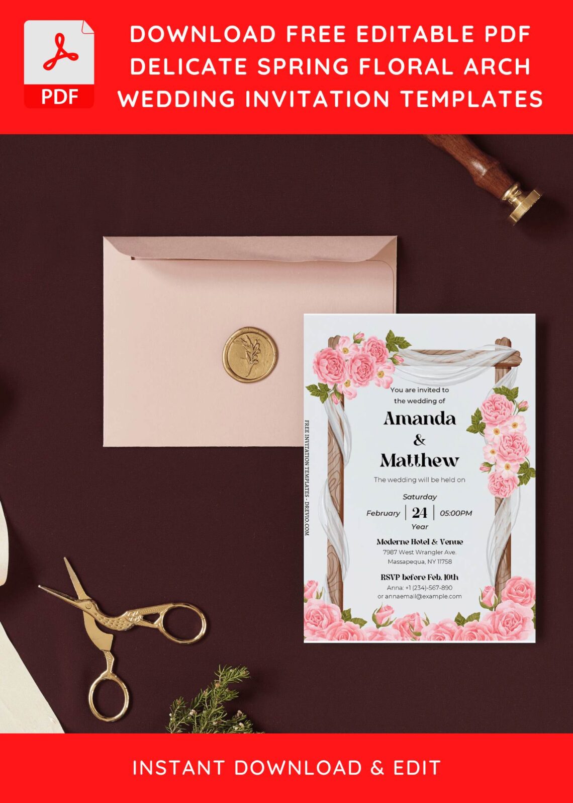 (Free Editable PDF) Botanical Arch Spring Floral Wedding Invitation Templates I
