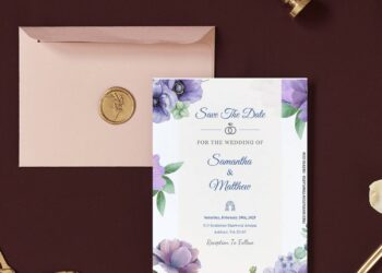 (Free Editable PDF) Dreamy Watercolor Purple & Blue Floral Wedding Invitation