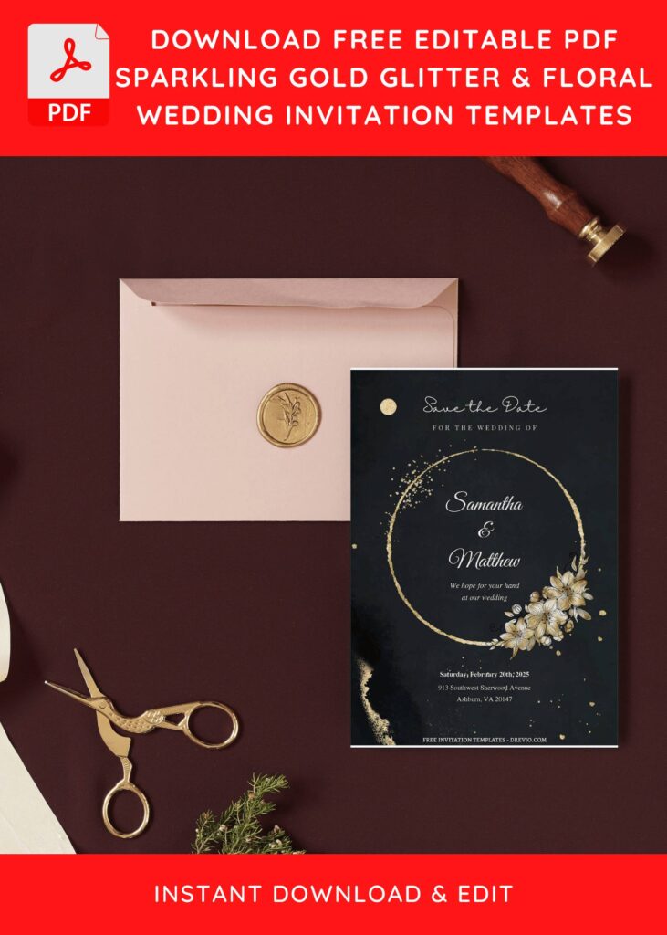 (Free Editable PDF) Glitter Gold Frame & Floral Wedding Invitation Templates I