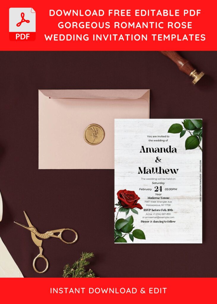 (Free Editable PDF) Deeply Romantic Rose Floral Wedding Invitation Templates F