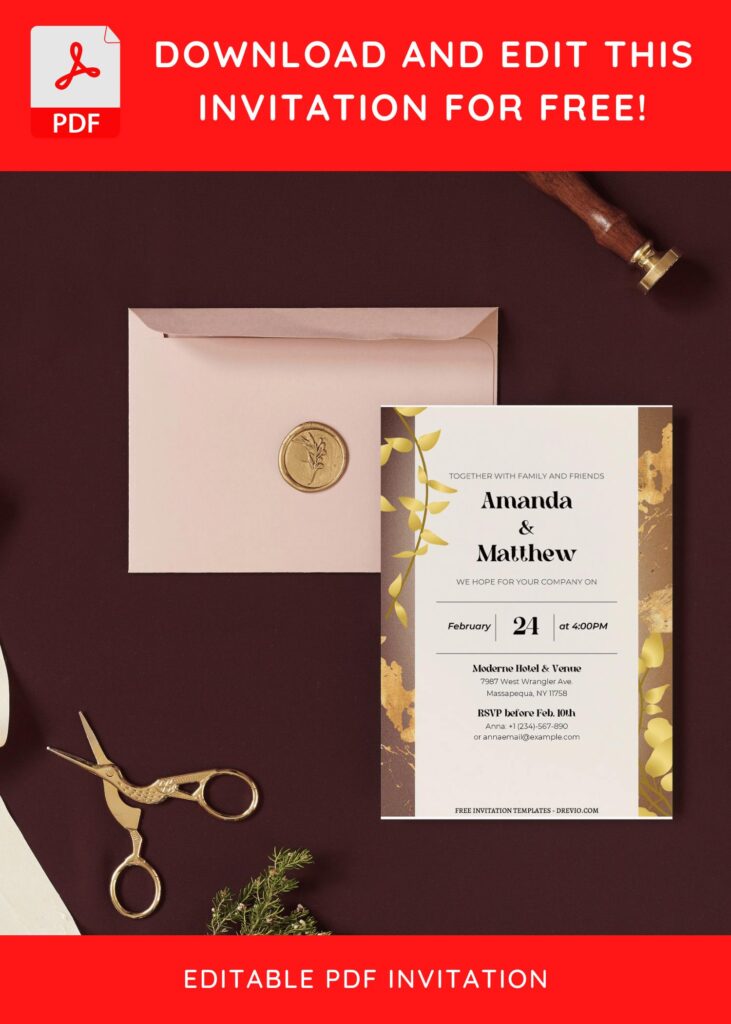 (Free Editable PDF) Modern Botanical Gold Wedding Invitation Templates I