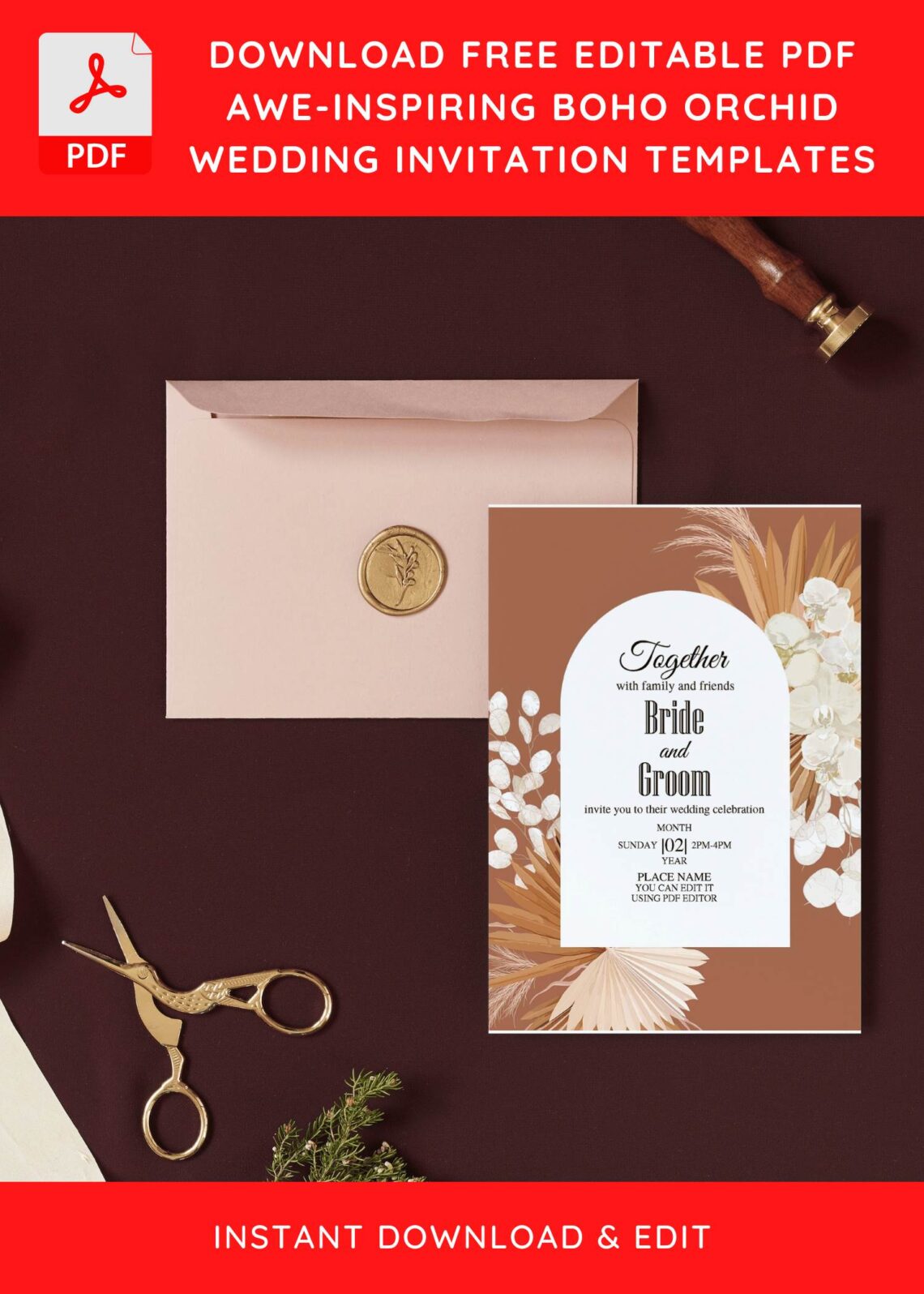 (Free Editable PDF) Boho Orchid Floral Wedding Invitation Templates I