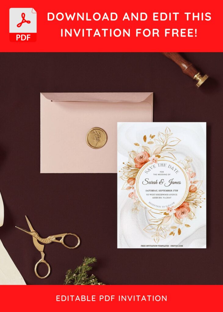 (Free Editable PDF) Rustic Glitter Gold & Floral Wedding Invitation Templates I