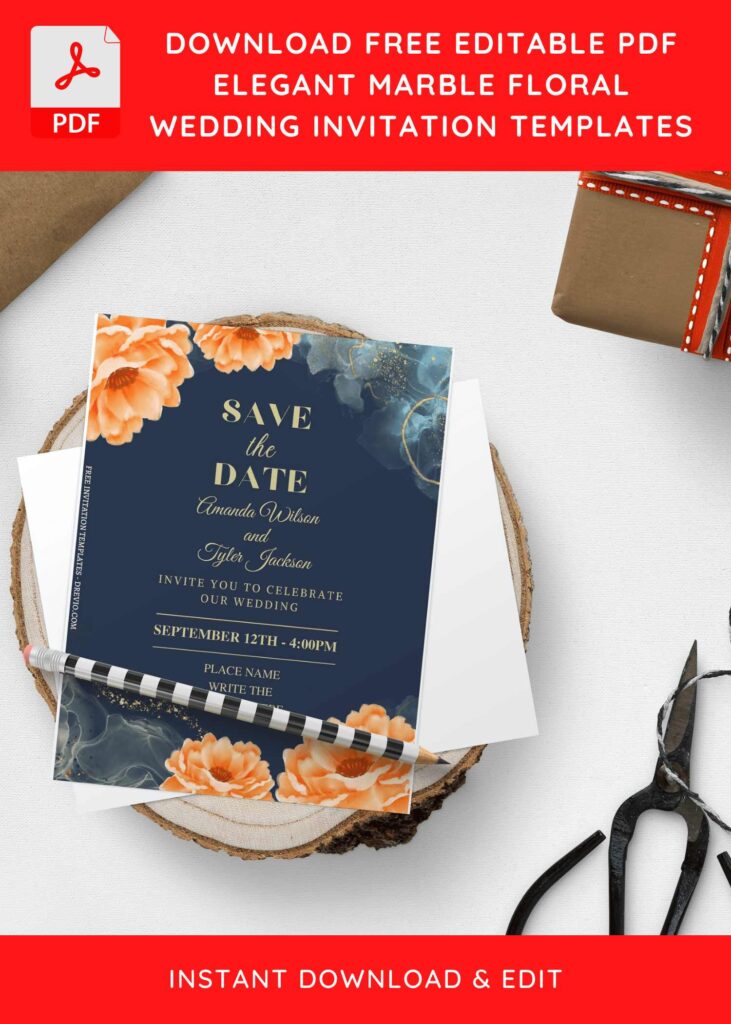 (Free Editable PDF) Dreamy Marble Foil Floral Wedding Invitation Templates H