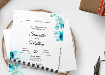 (Free Editable PDF) White & Blue Pansy Flower Wedding Invitation Templates