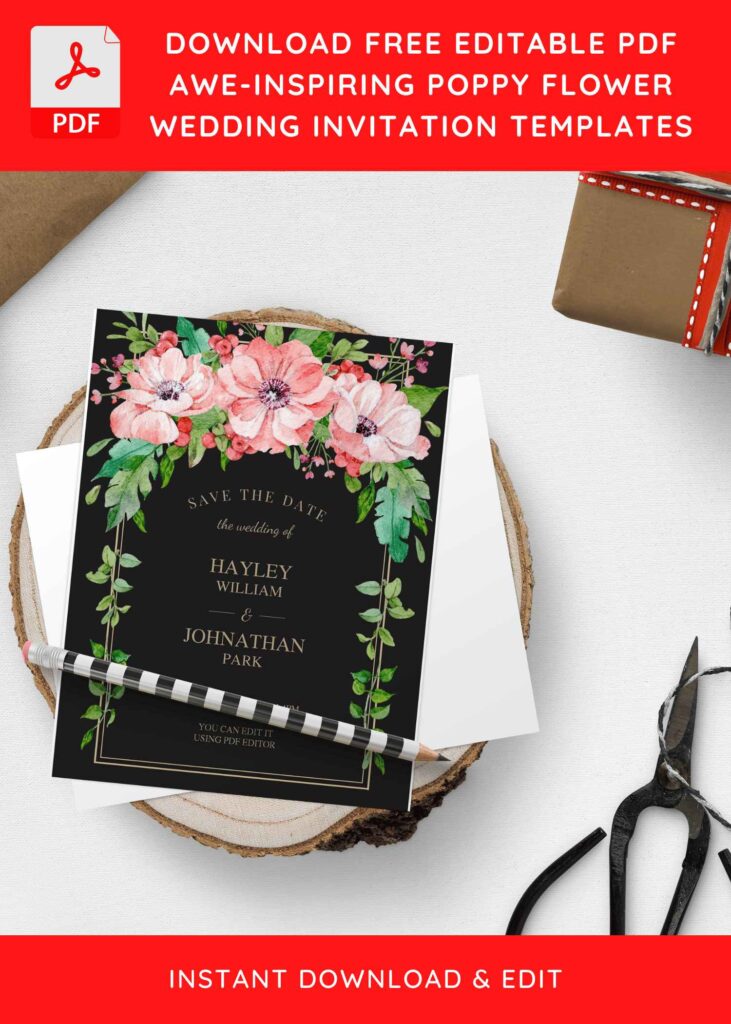(Free Editable PDF) Stunning Poppy Floral Arch Wedding Invitation Templates E