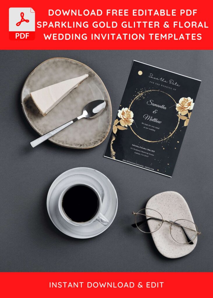 (Free Editable PDF) Glitter Gold Frame & Floral Wedding Invitation Templates G