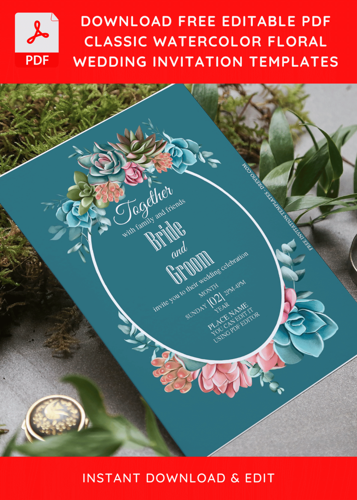 (Free Editable PDF) Elegant Vintage Watercolor Floral Wedding Invitation Templates
