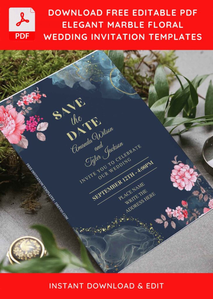 (Free Editable PDF) Dreamy Marble Foil Floral Wedding Invitation Templates F