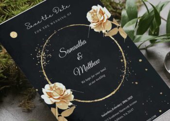 (Free Editable PDF) Glitter Gold Frame & Floral Wedding Invitation Templates