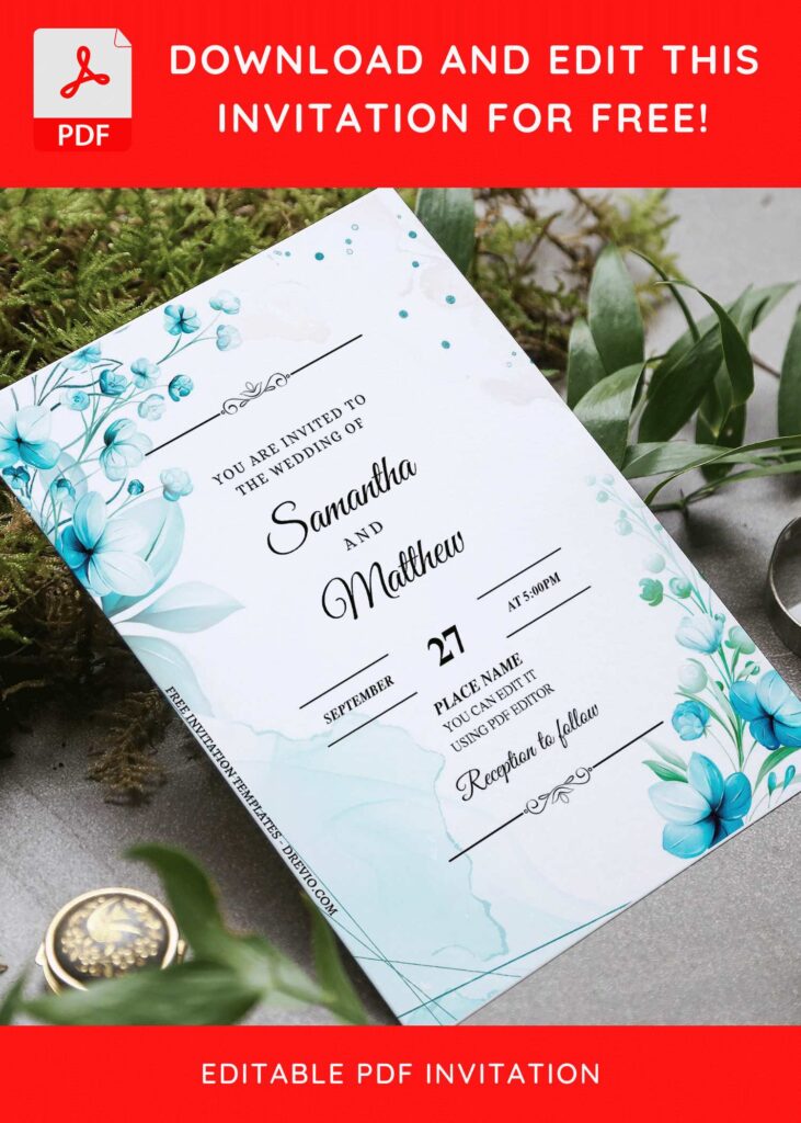 Invitation Template of (Free Editable PDF) White & Blue Pansy Flower Wedding Invitation Templates 4