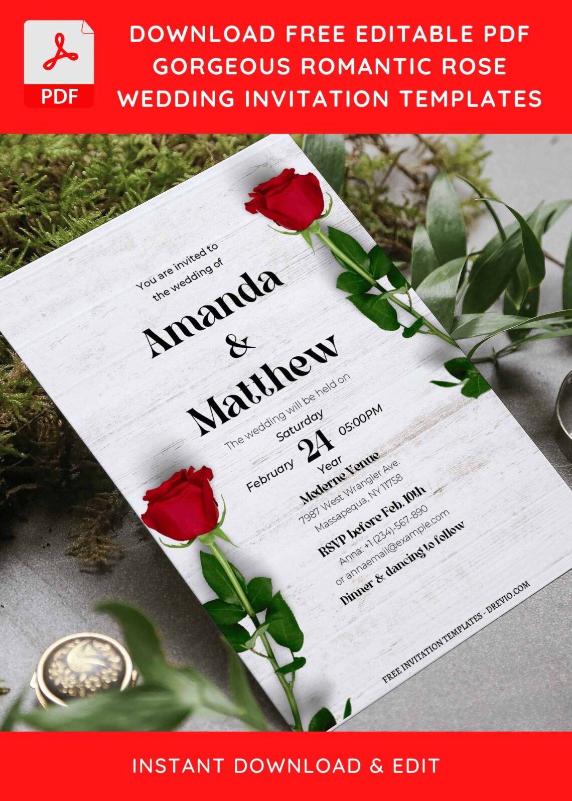 (Free Editable PDF) Deeply Romantic Rose Floral Wedding Invitation Templates J