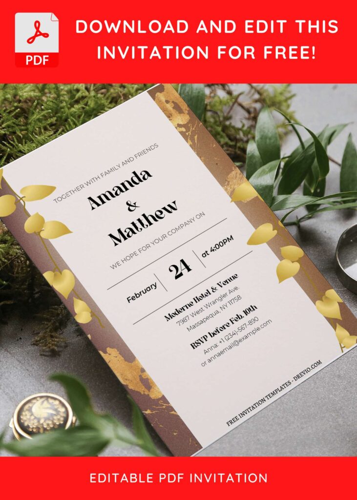 Invitation Template of (Free Editable PDF) Modern Botanical Gold Wedding Invitation Templates 3