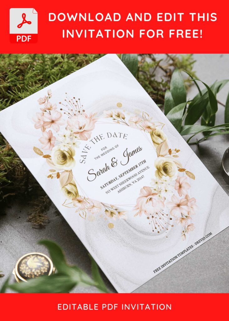 Invitation Template of (Free Editable PDF) Rustic Glitter Gold & Floral Wedding Invitation Templates 3