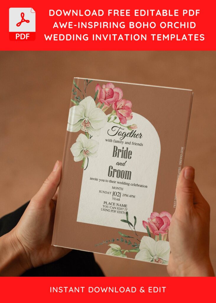 (Free Editable PDF) Boho Orchid Floral Wedding Invitation Templates E
