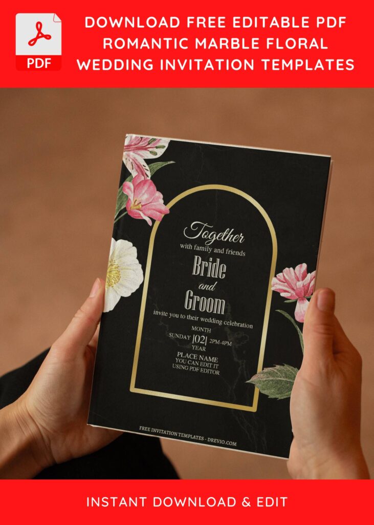 (Free Editable PDF) Granite Marble Floral Wedding Invitation Templates E