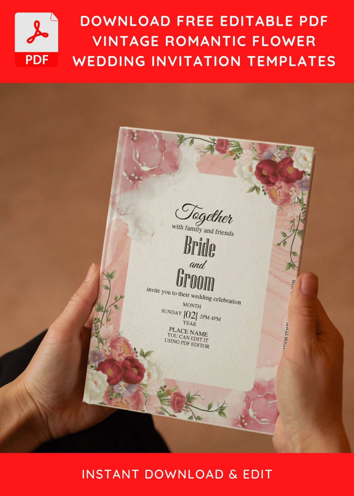 (Free Editable PDF) Vintage Marble Gold And Floral Wedding Invitation Templates I